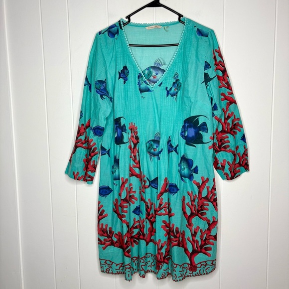 🐠Soft Surroundings Beach Coverup Tunic Dress Fish Print Medium Summer Vacation - Picture 2 of 7